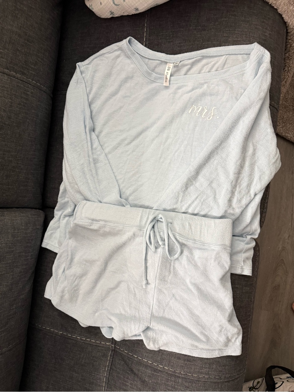 Mrs. Light Blue Long-Sleeve Top & Drawstring Shorts Pajama Set